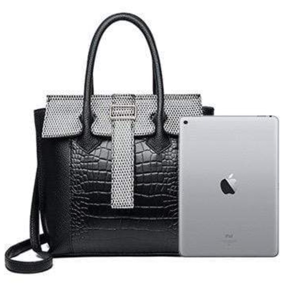 Womens Vegan Black Leather Textured Print Handbag with Added Strap - Picture 5 of 10